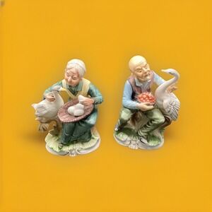 Vintage Napcoware Set Of Porcelain Bisque Man And Woman With Geese Figurines